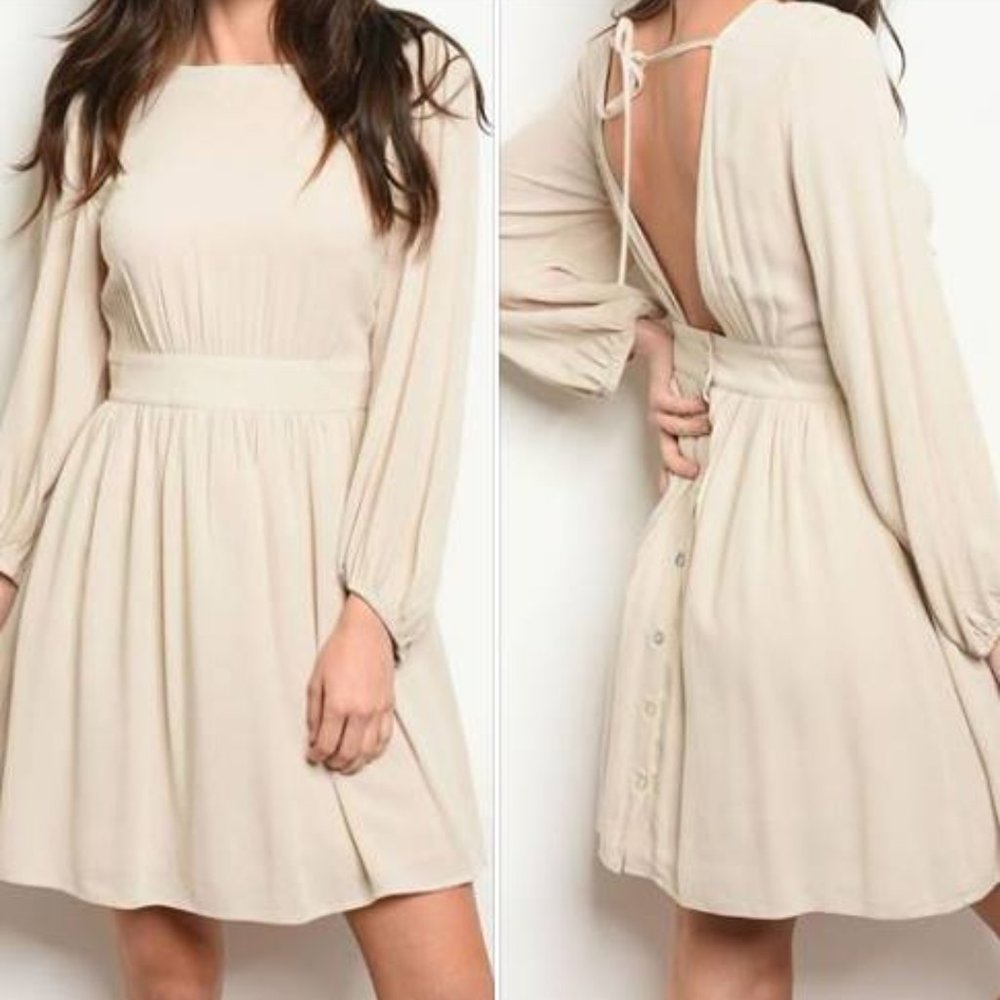 SOLID LONG SLEEVE FITTED DRESS beige